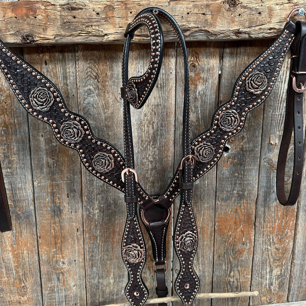 Copper Dot Honeycomb Rose Browband / One Ear Tack Set #BBBC554