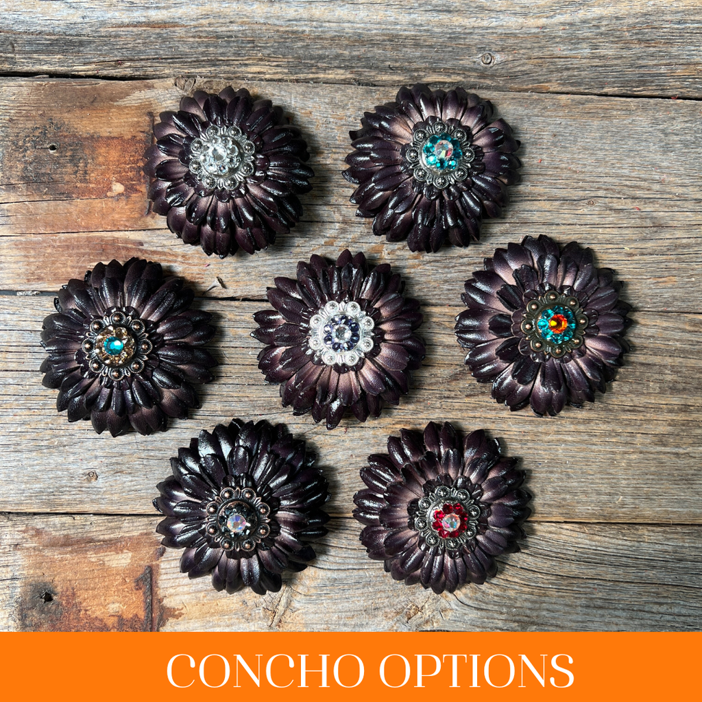 Black Daisy Leather Flowers - 1" Crystal Conchos - Options