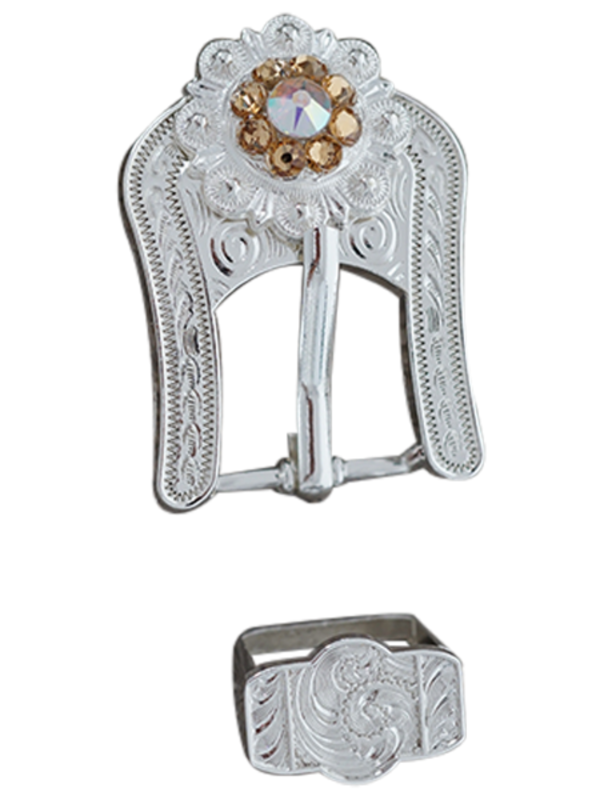 Bright Silver Champagne & AB Crystal Conchos - Sizes from 1"- 3" and Buckles