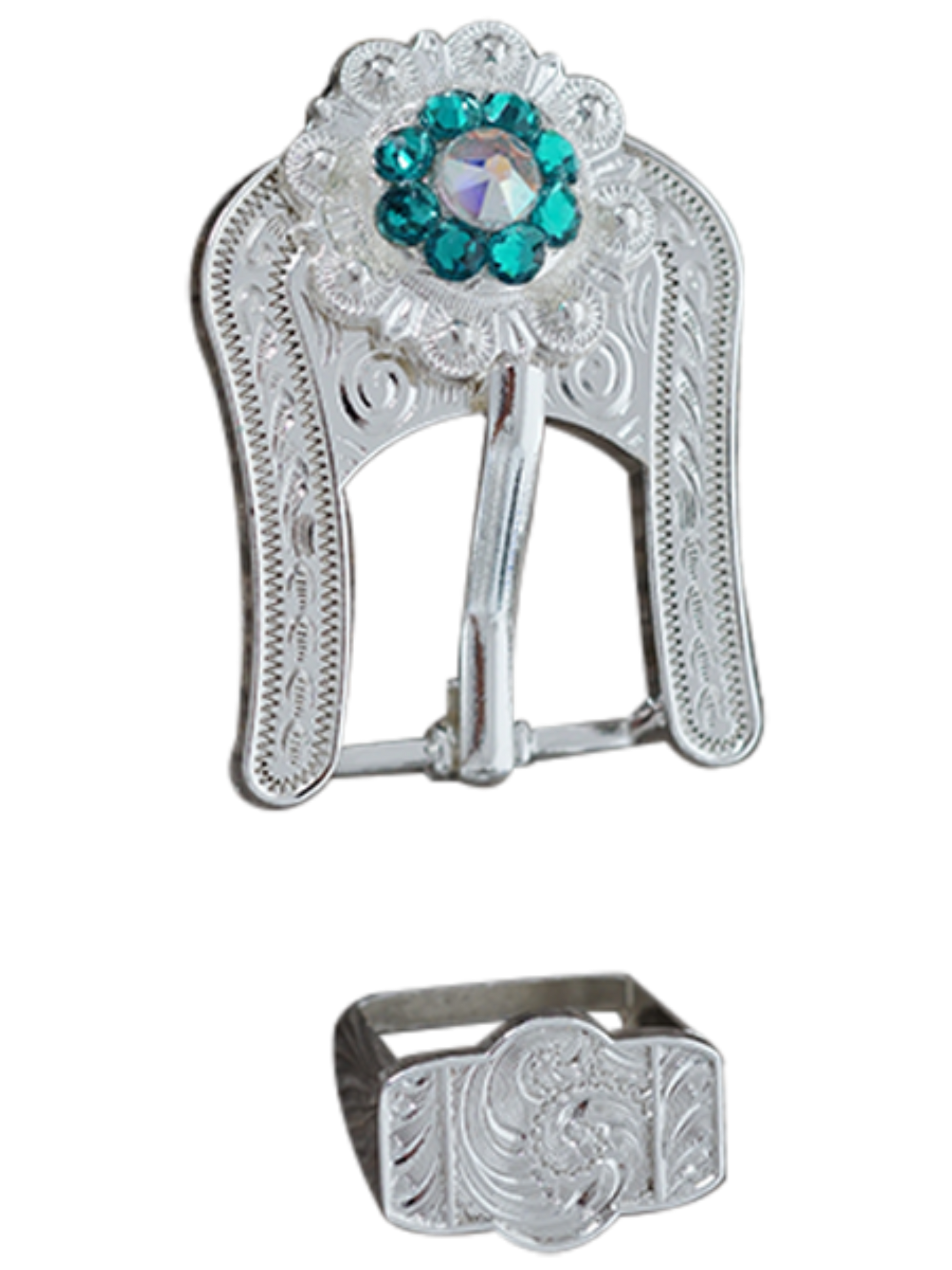 Bright Silver Teal & AB Crystal Conchos - Sizes from 1"- 3" and Buckles