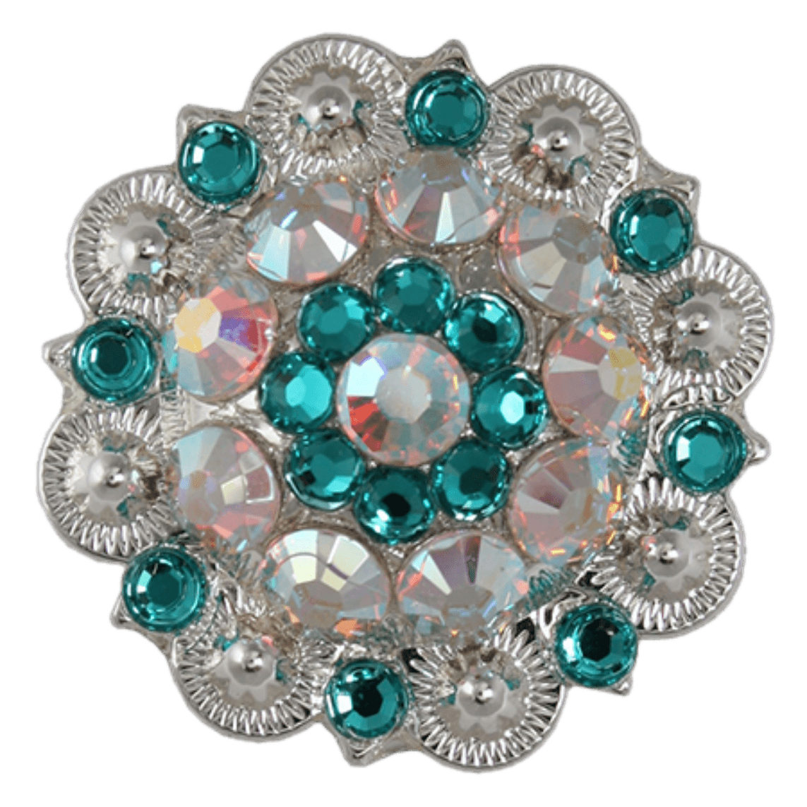 Bright Silver Teal & AB Crystal Conchos - Sizes from 1"- 3" and Buckles