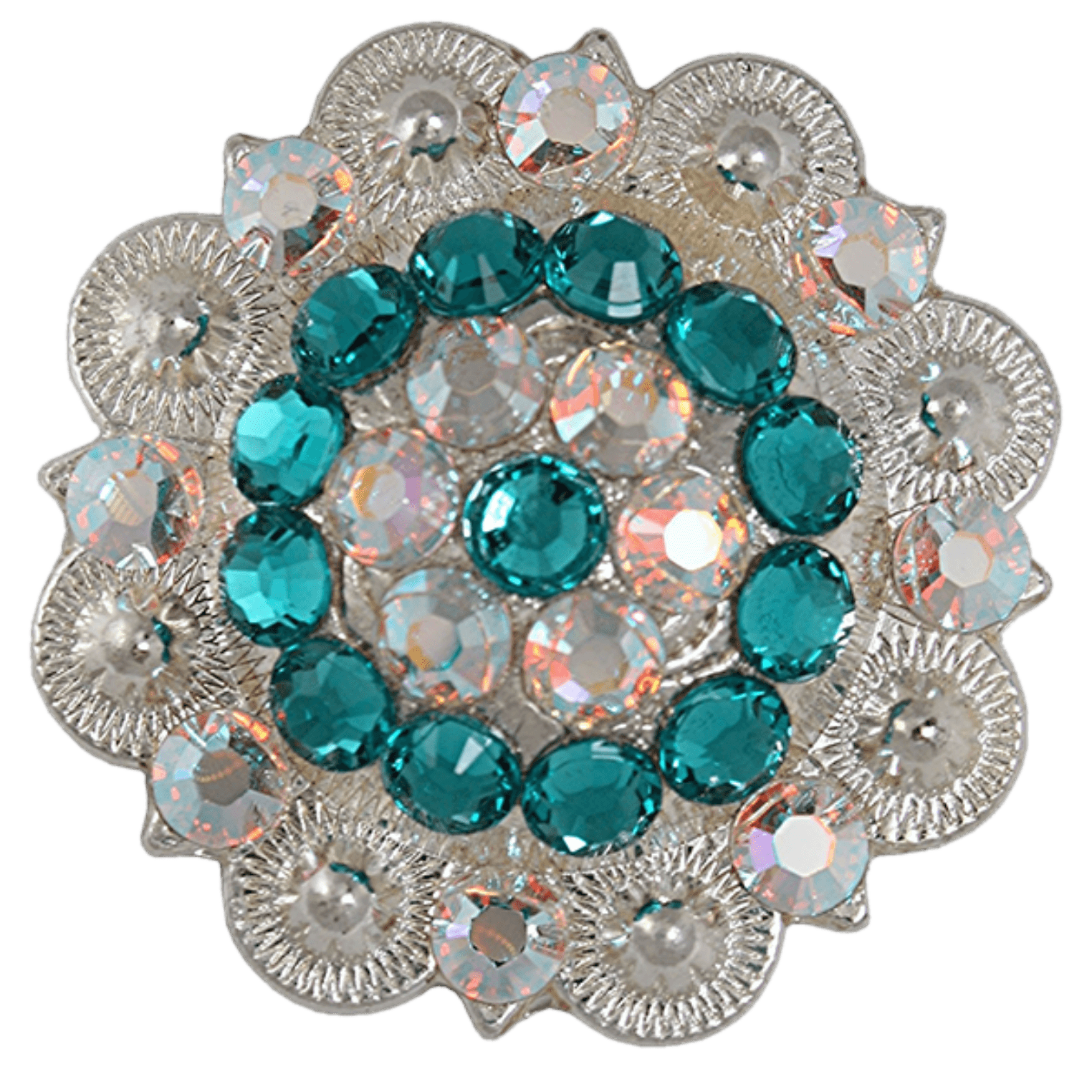 Bright Silver Teal & AB Crystal Conchos - Sizes from 1"- 3" and Buckles