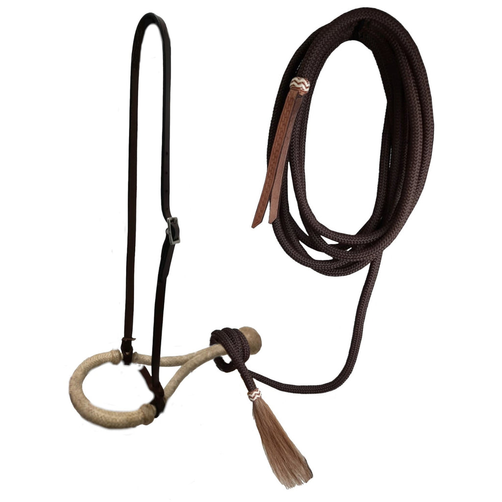 Tahoe 5/8" Rawhide Tan Bosal Mecate Set with Basket-Tooled Leather Hanger with 23 Ft Dark Brown Rope Mecate & Horsehair Tassel - 1 Year Warranty