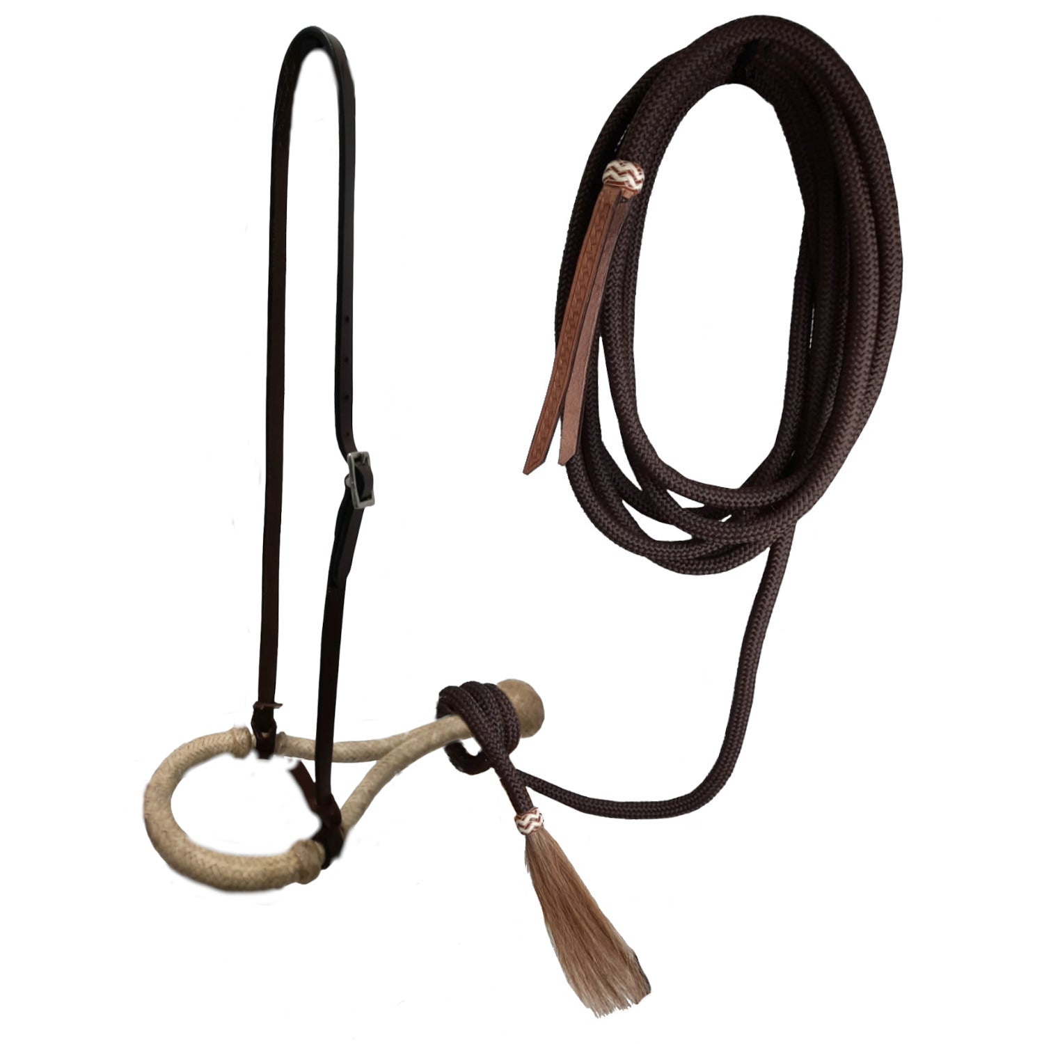 Tahoe 5/8" Rawhide Tan Bosal Mecate Set with Basket-Tooled Leather Hanger with 23 Ft Dark Brown Rope Mecate & Horsehair Tassel - 1 Year Warranty