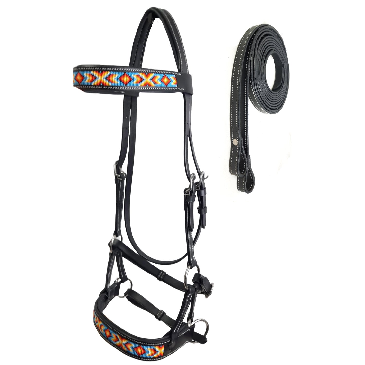 Tahoe Bitless Leather Horse Bridle - Turquoise Navajo Beaded Browband & Noseband with Split Reins, 1-Year Warranty