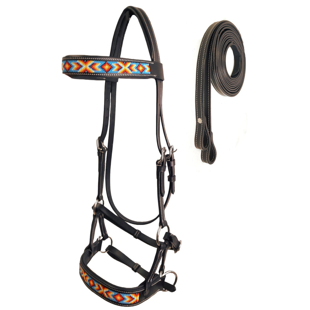 Tahoe Bitless Leather Horse Bridle - Turquoise Navajo Beaded Browband & Noseband with Split Reins, 1-Year Warranty