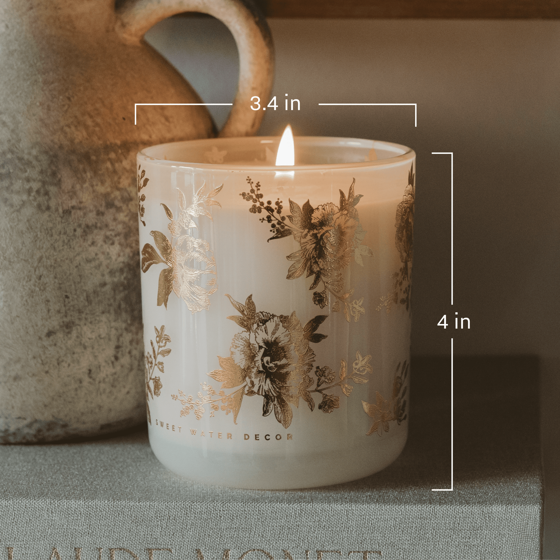 Gold Floral Soy Candle - White Translucent Tinted Glass Jar - 12 oz (Fresh Apple Blossom)