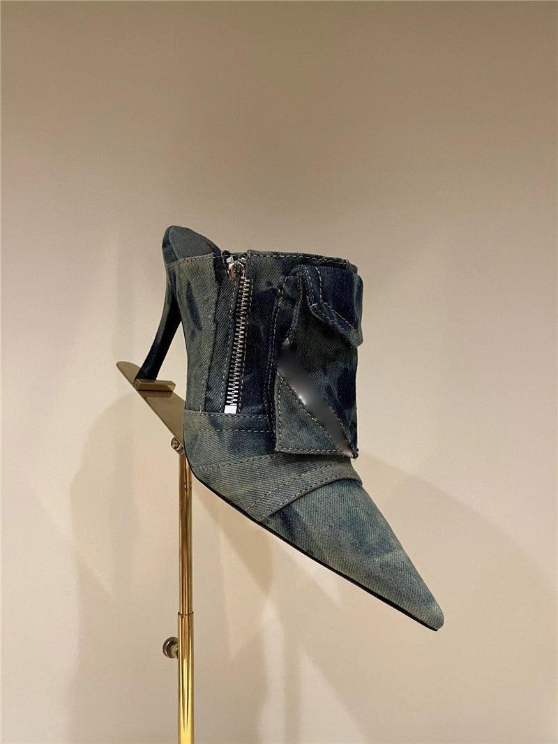 Women Pocket Denim Pointed Toe Heeled Ankle Boots