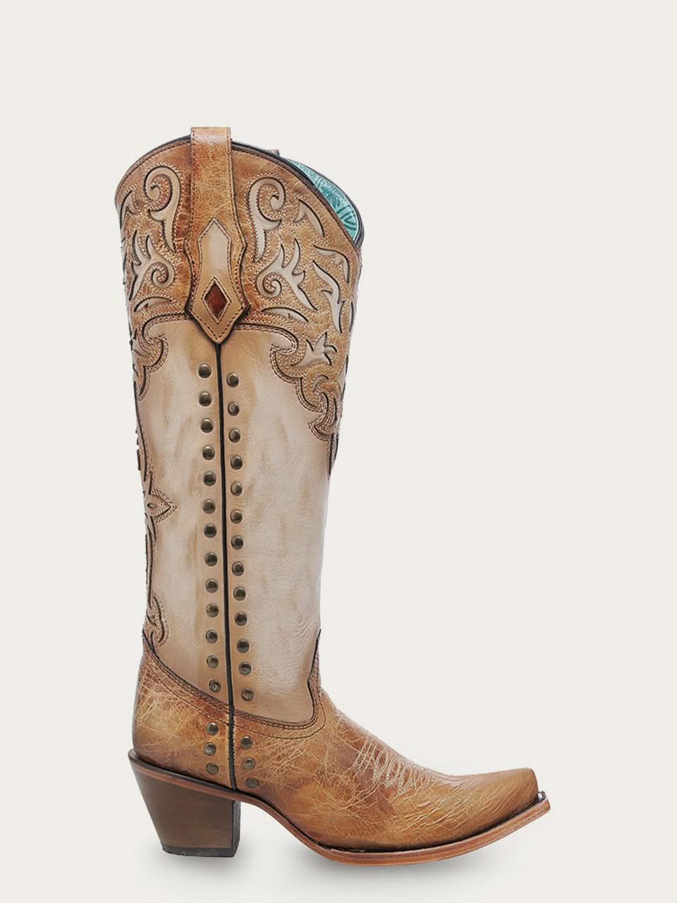C4218 - WOMEN'S HONEY OVERLAY EMBROIDERY AND STUDS TALL TOP BONE SNIP TOE COWBOY BOOT