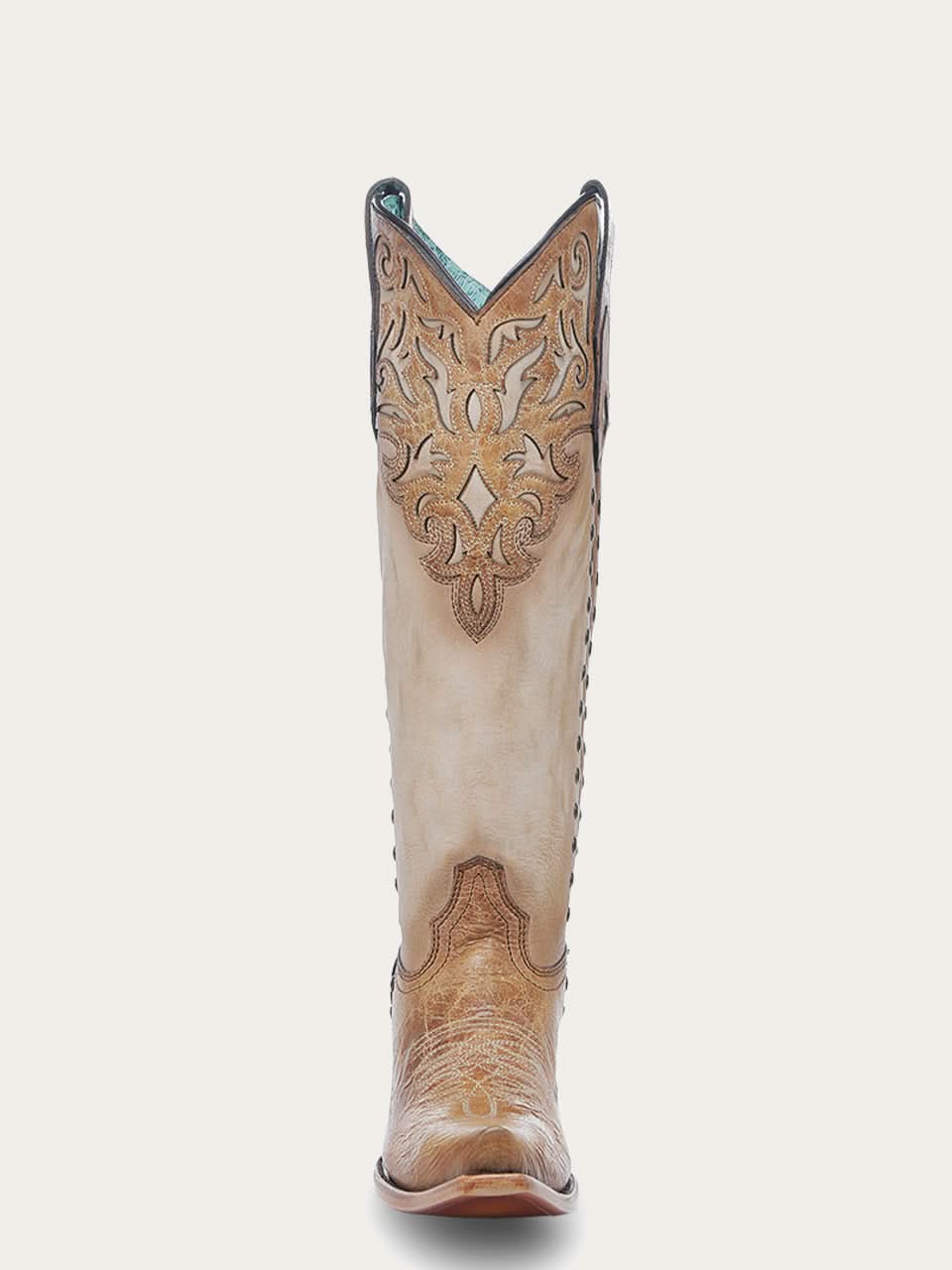 C4218 - WOMEN'S HONEY OVERLAY EMBROIDERY AND STUDS TALL TOP BONE SNIP TOE COWBOY BOOT