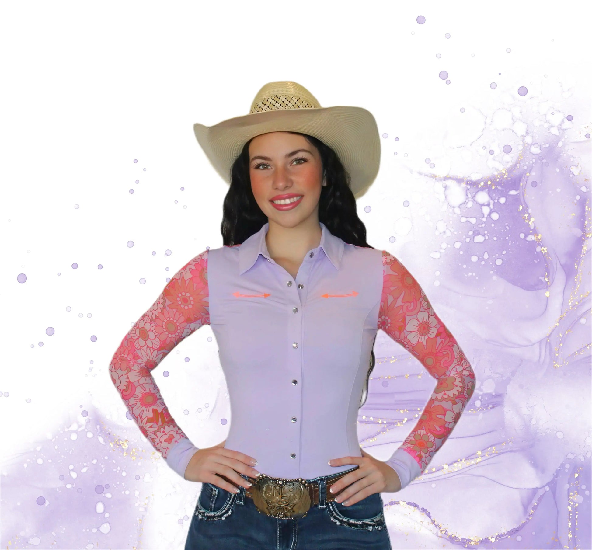 AeroTEQ Girls Lilac Bloom Mesh Pearl Snap Rodeo Shirt