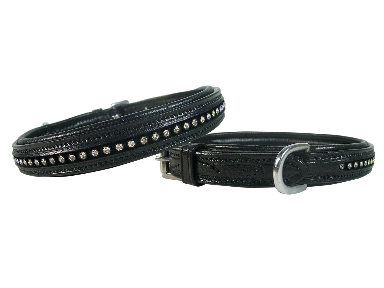 Derby Dog Designer Series USA Leather Padded Dog Collar with Swarovski Crystal Inlay with Stainless Steel Rolled Buckle for Comfort