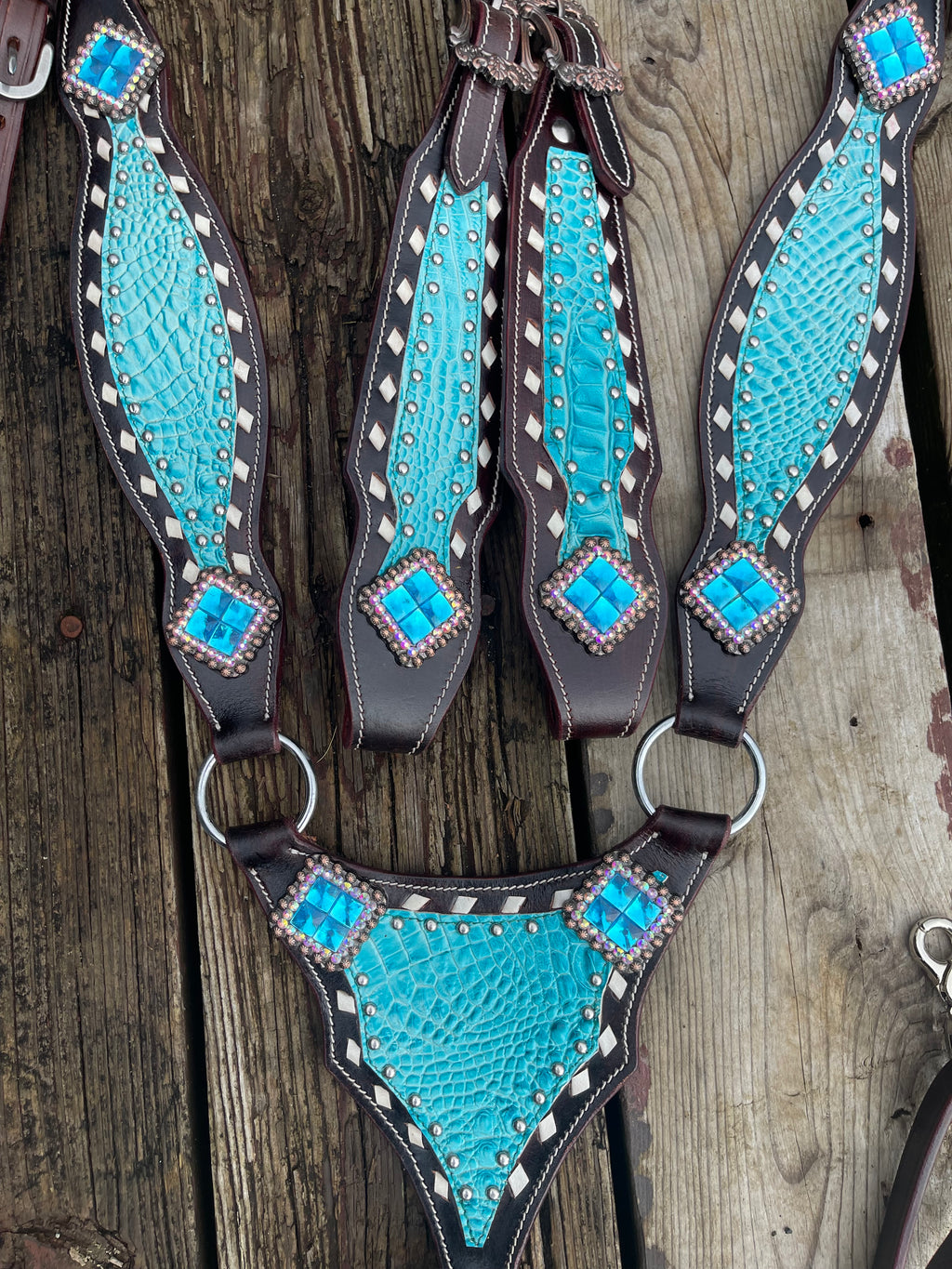Pre Order Dark brown tack set with teal accent