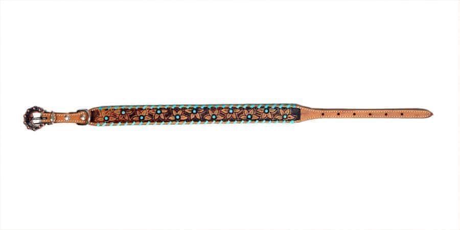 Genuine leather dog collar with teal rawhide.