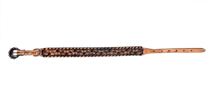 Genuine leather dog collar with black rawhide.
