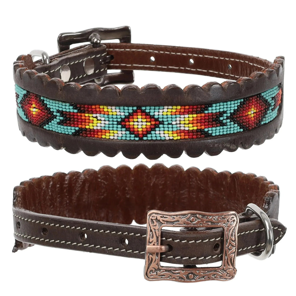 Flame Beaded Leather Dog Collar