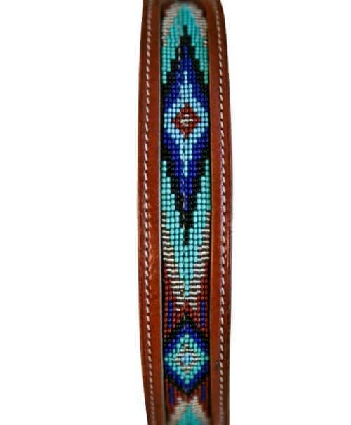 Genuine leather dog collar with turquoise, blue beaded inlay design