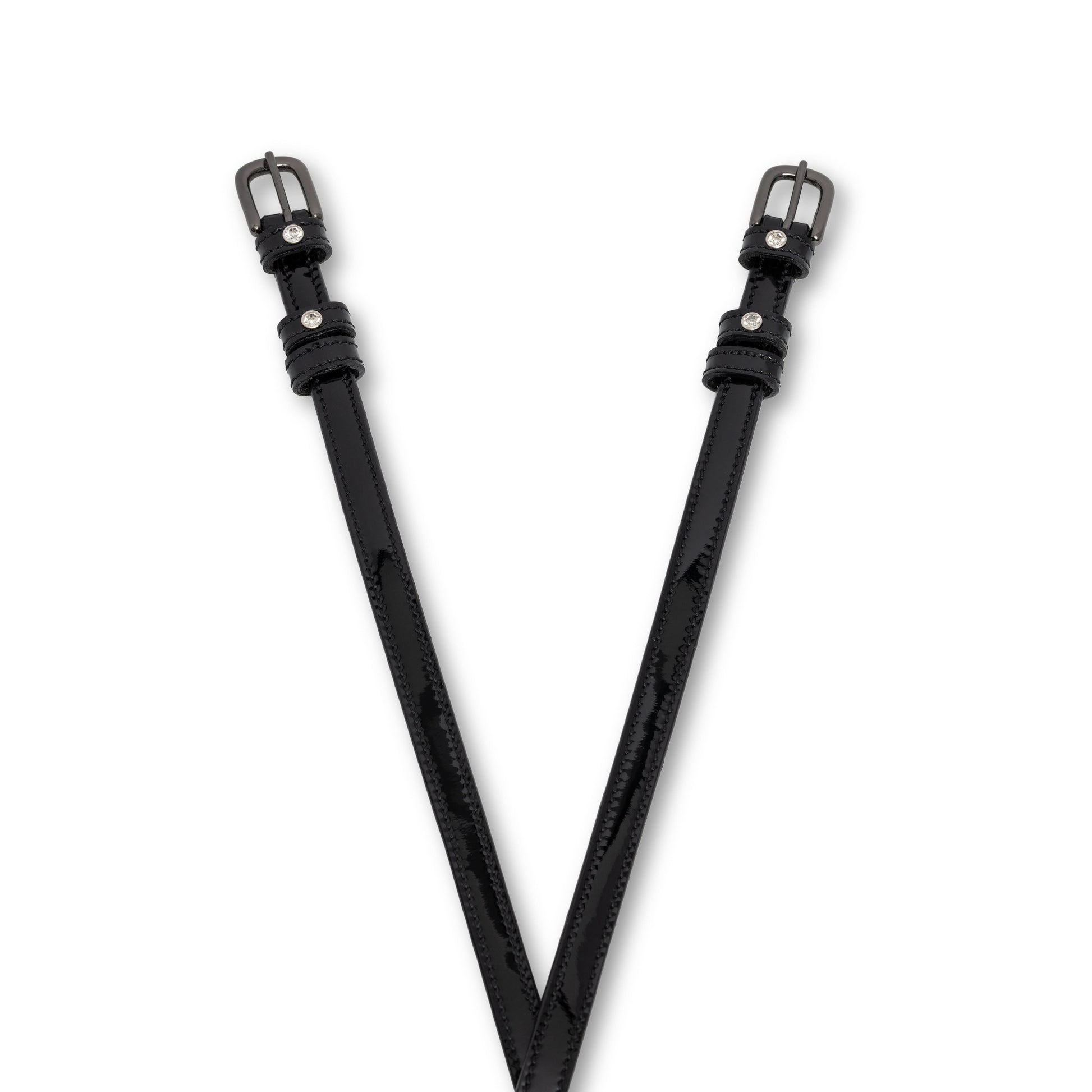 Showstopper Black Patent Leather & Clear Crystal Rivet Spur Straps