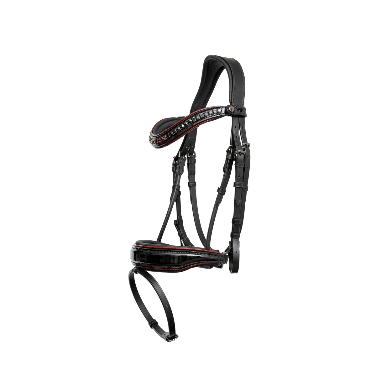The Hayworth - Black Patent Snaffle with Burgundy Patent Piping & Removable Flash