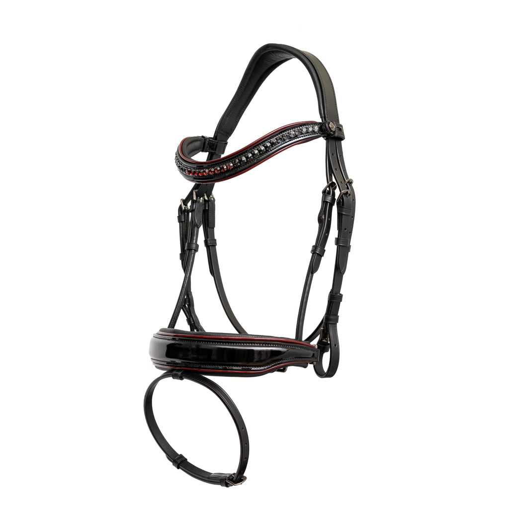 The Hayworth - Black Patent Snaffle with Burgundy Patent Piping & Removable Flash