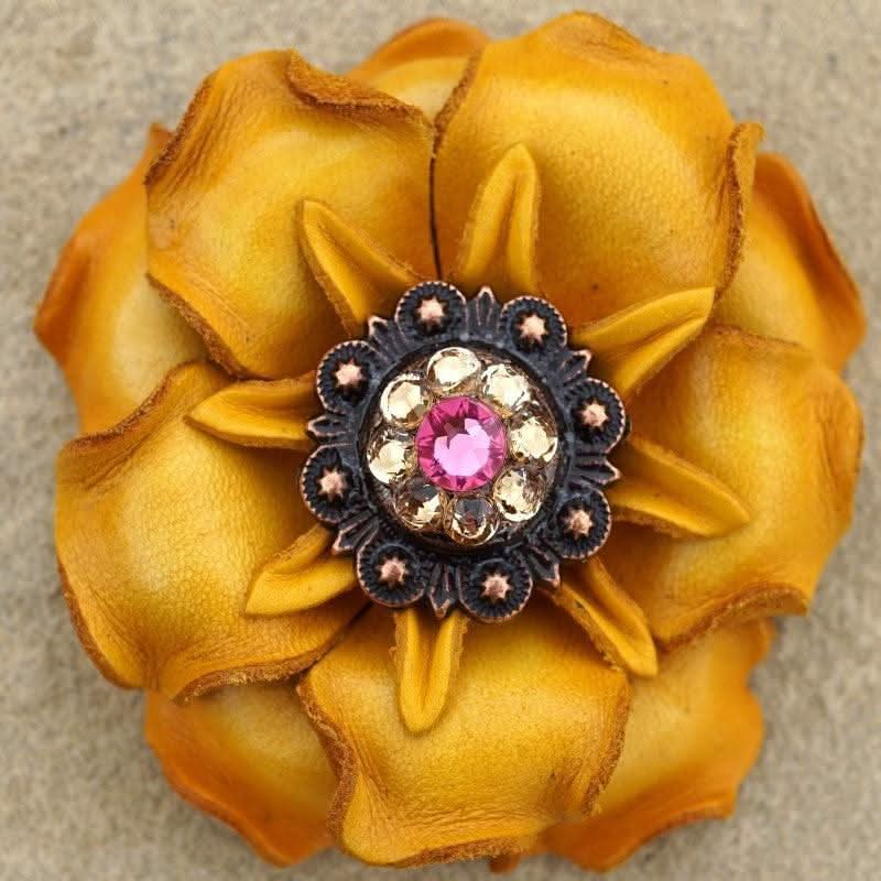 Yellow Gardenia Leather Flowers - 1" Crystal Conchos - Options