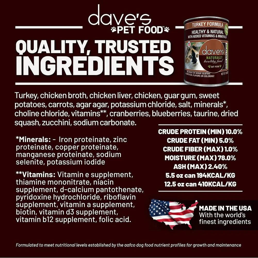 Dave's Naturally Healthy Turkey Dinner Paté Wet Cat Food (12.5oz)