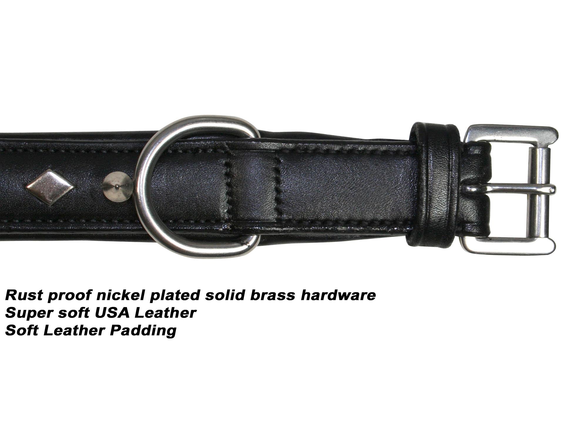 Derby Dog Designer Series USA Leather Spikes and Diamond Padded Dog Collar with Stainless Steel Rolled Buckle for Comfort