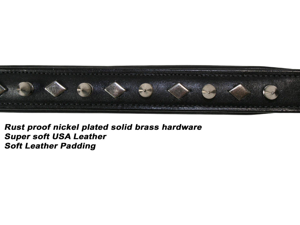 Derby Dog Designer Series USA Leather Spikes and Diamond Padded Dog Collar with Stainless Steel Rolled Buckle for Comfort
