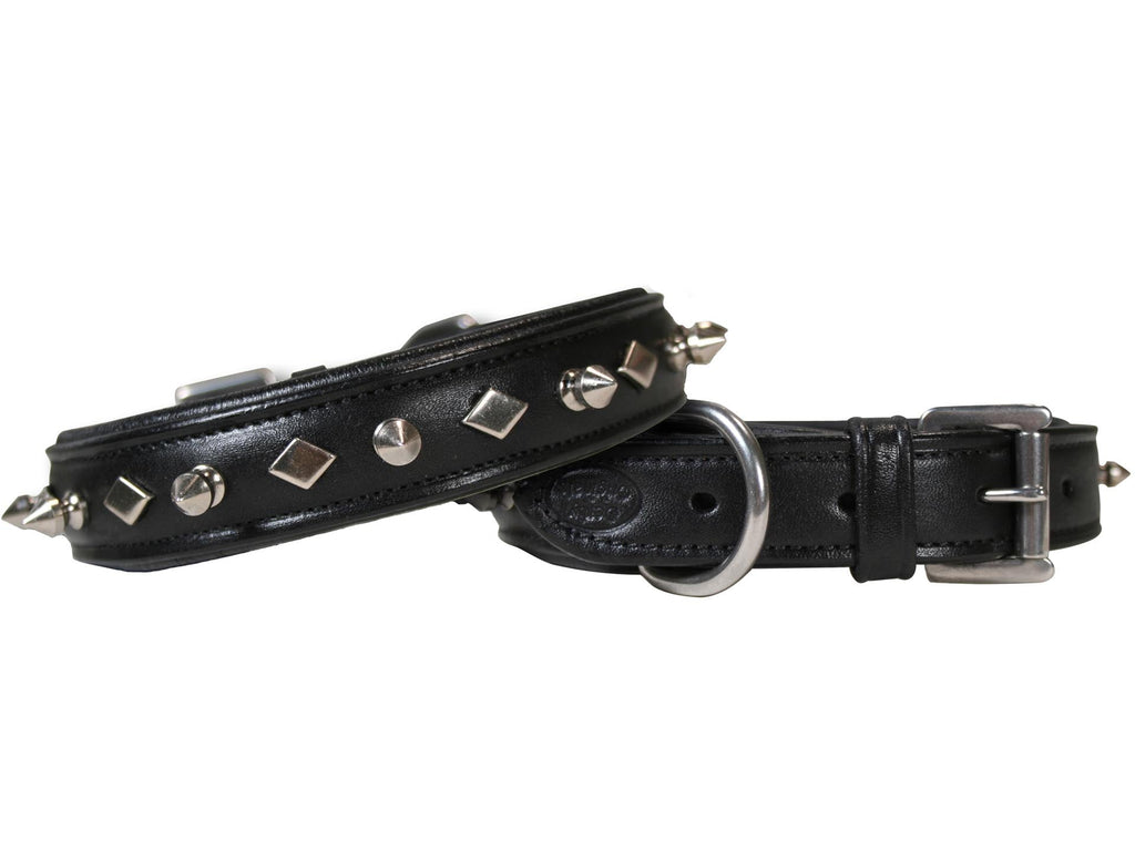 Derby Dog Designer Series USA Leather Spikes and Diamond Padded Dog Collar with Stainless Steel Rolled Buckle for Comfort