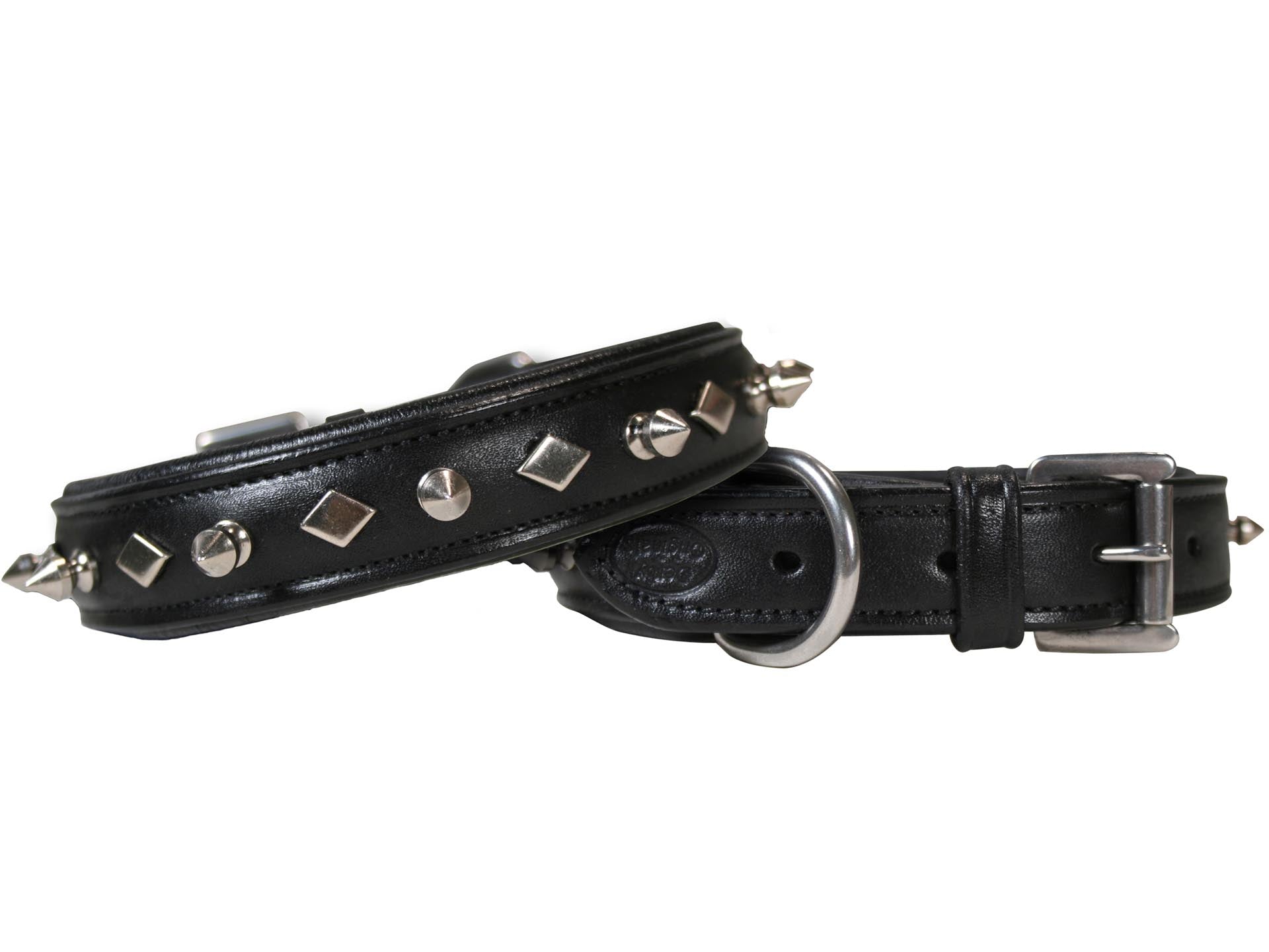 Derby Dog Designer Series USA Leather Spikes and Diamond Padded Dog Collar with Stainless Steel Rolled Buckle for Comfort