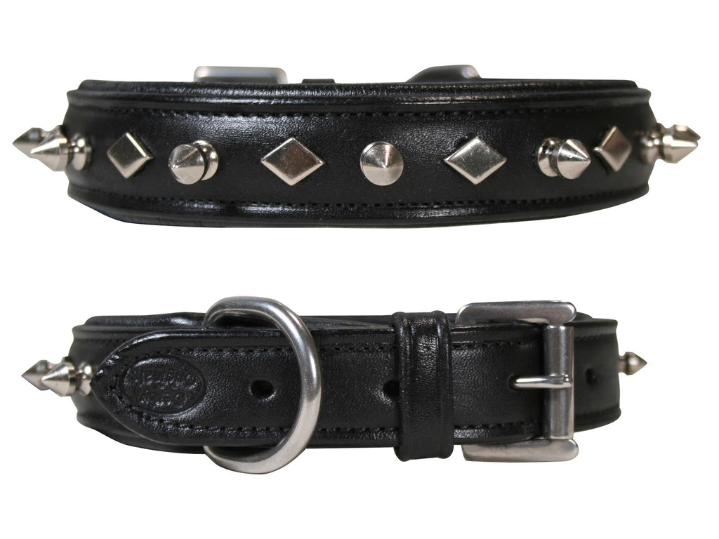 Derby Dog Designer Series USA Leather Spikes and Diamond Padded Dog Collar with Stainless Steel Rolled Buckle for Comfort