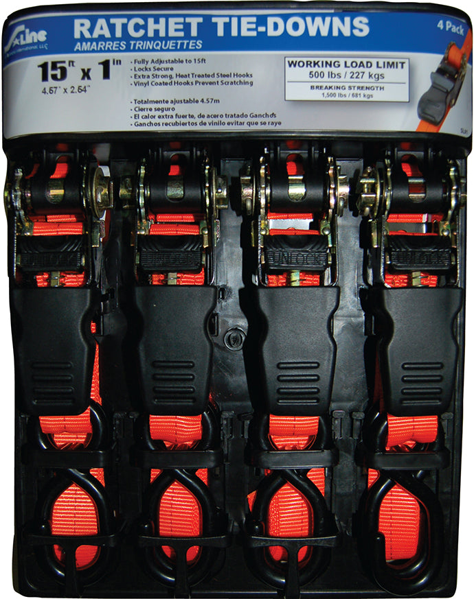 15' 500-LB Ratchet Tie, 4-Pack