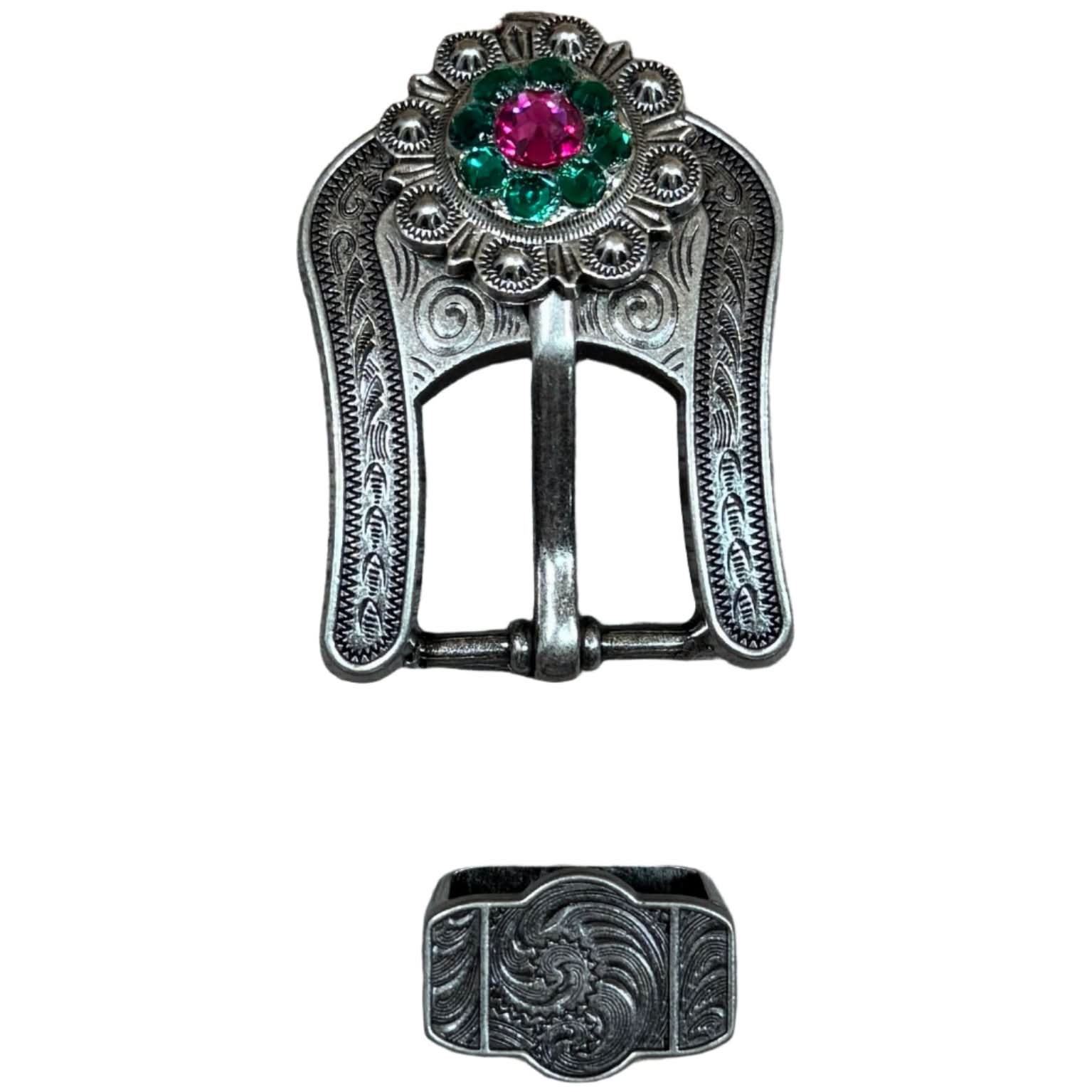 Fuchsia, Clear & Emerald Antique Silver Buckle Keeper Set European Crystal Concho
