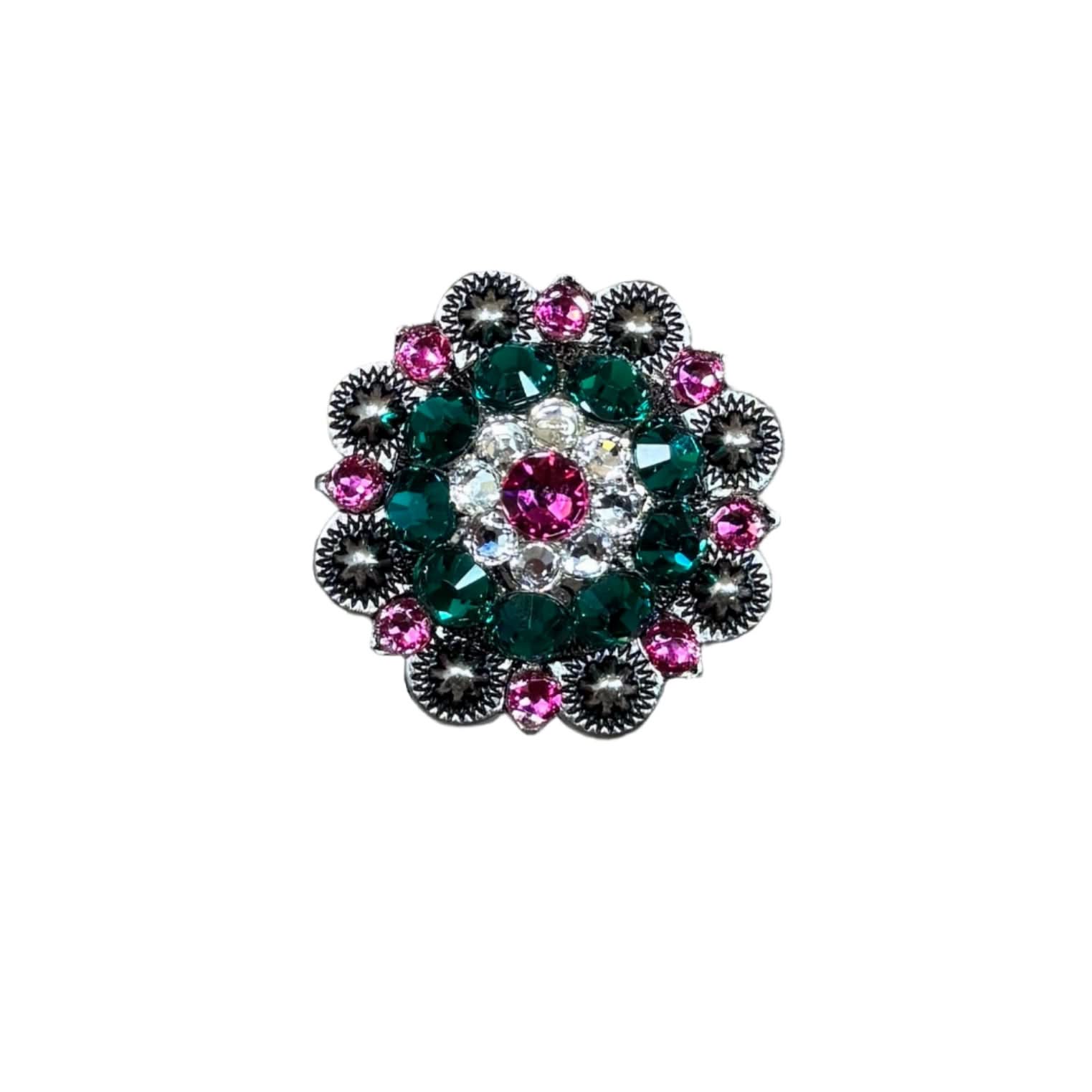 Fuchsia, Clear & Emerald Antique Silver 1.5" European Crystal Concho