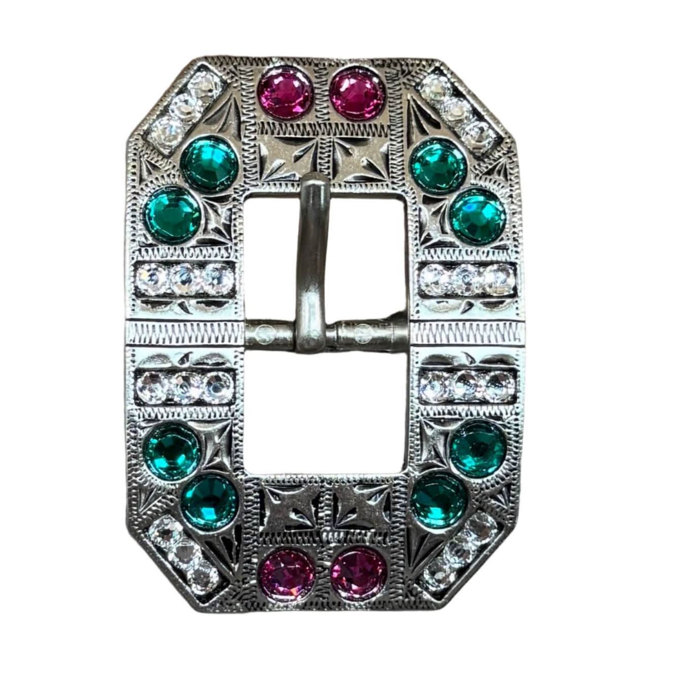 Fuchsia, Clear & Emerald Antique Silver Square Cart Buckle European Crystal Concho