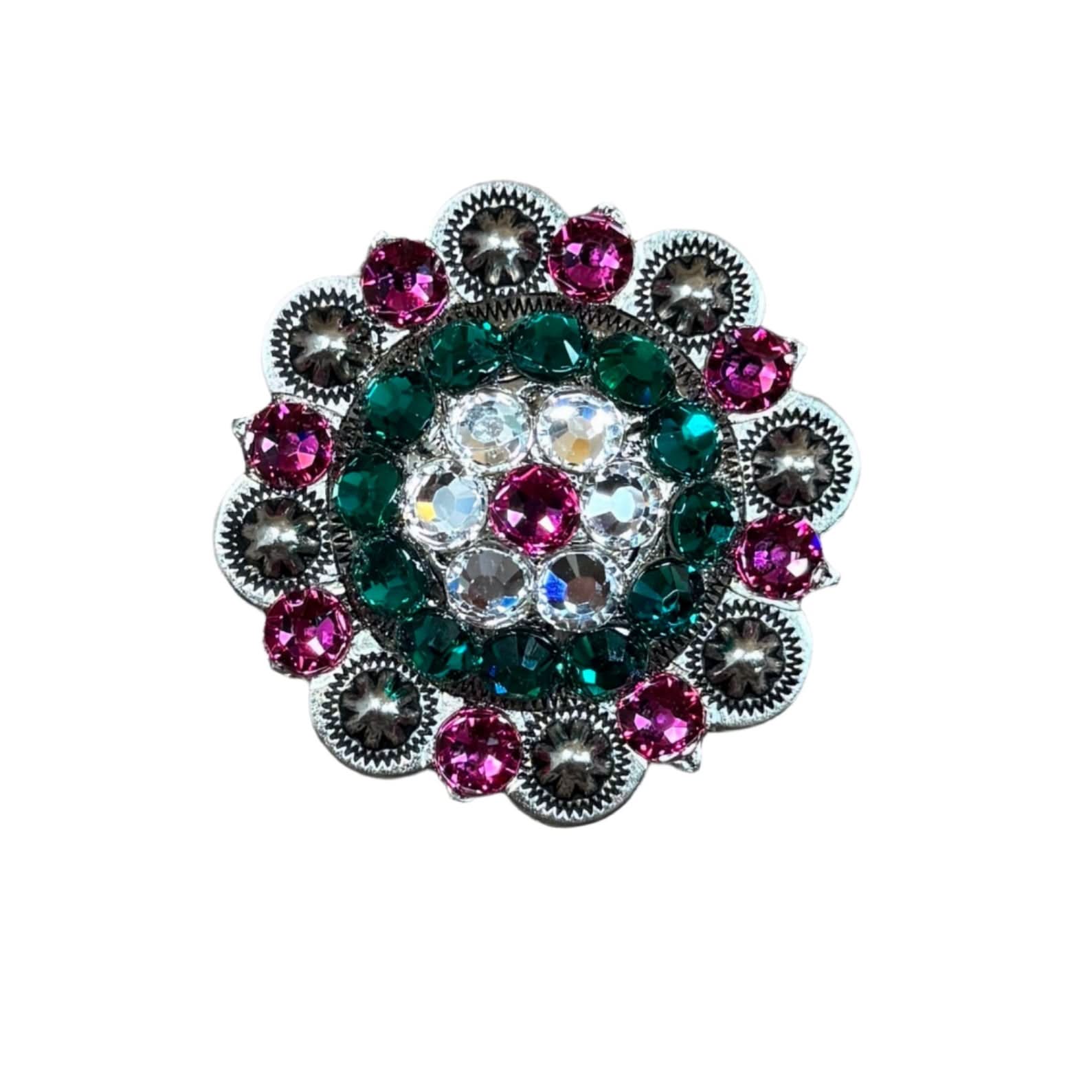 Fuchsia, Clear & Emerald Antique Silver 2" European Crystal Concho