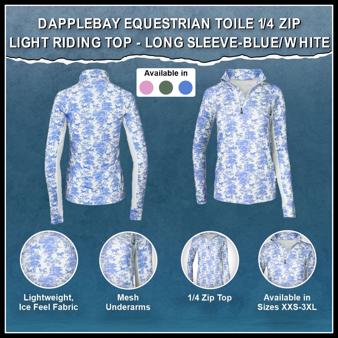 Dapplebay Equestrian Toile 1/4 Zip Light Riding Top - Long Sleeve-Blue/White