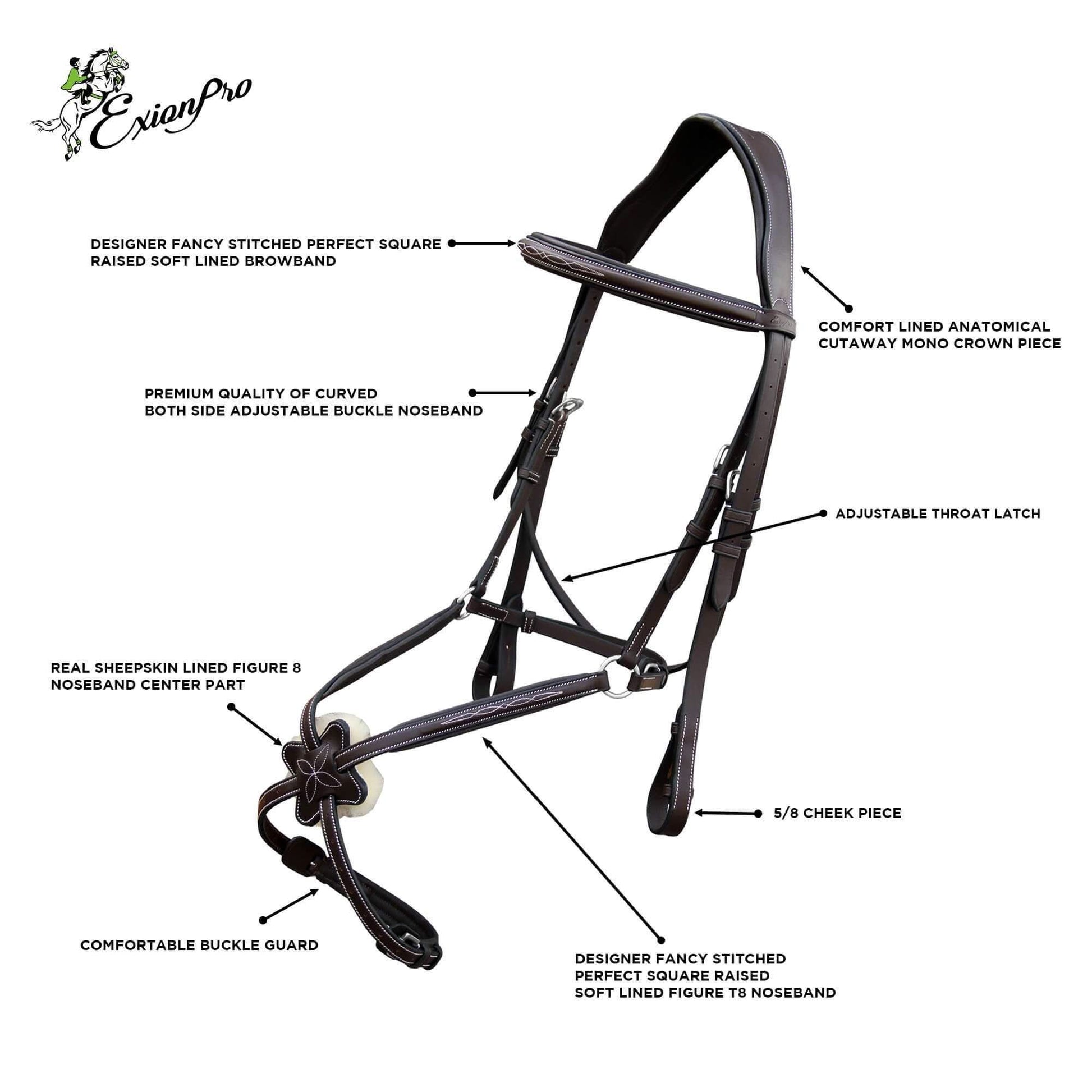 Replacement Noseband of ExionPro Padded Jaw Broad Ear Free Monocrown Crown Piece Figure 8 Bridle