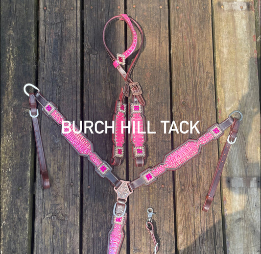 Hot Pink tack set on dark brown