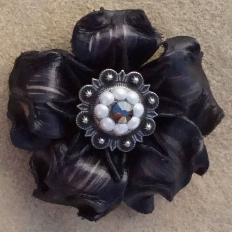 Black Gardenia Flower With Antique Silver Jet and Pearl 1" Concho