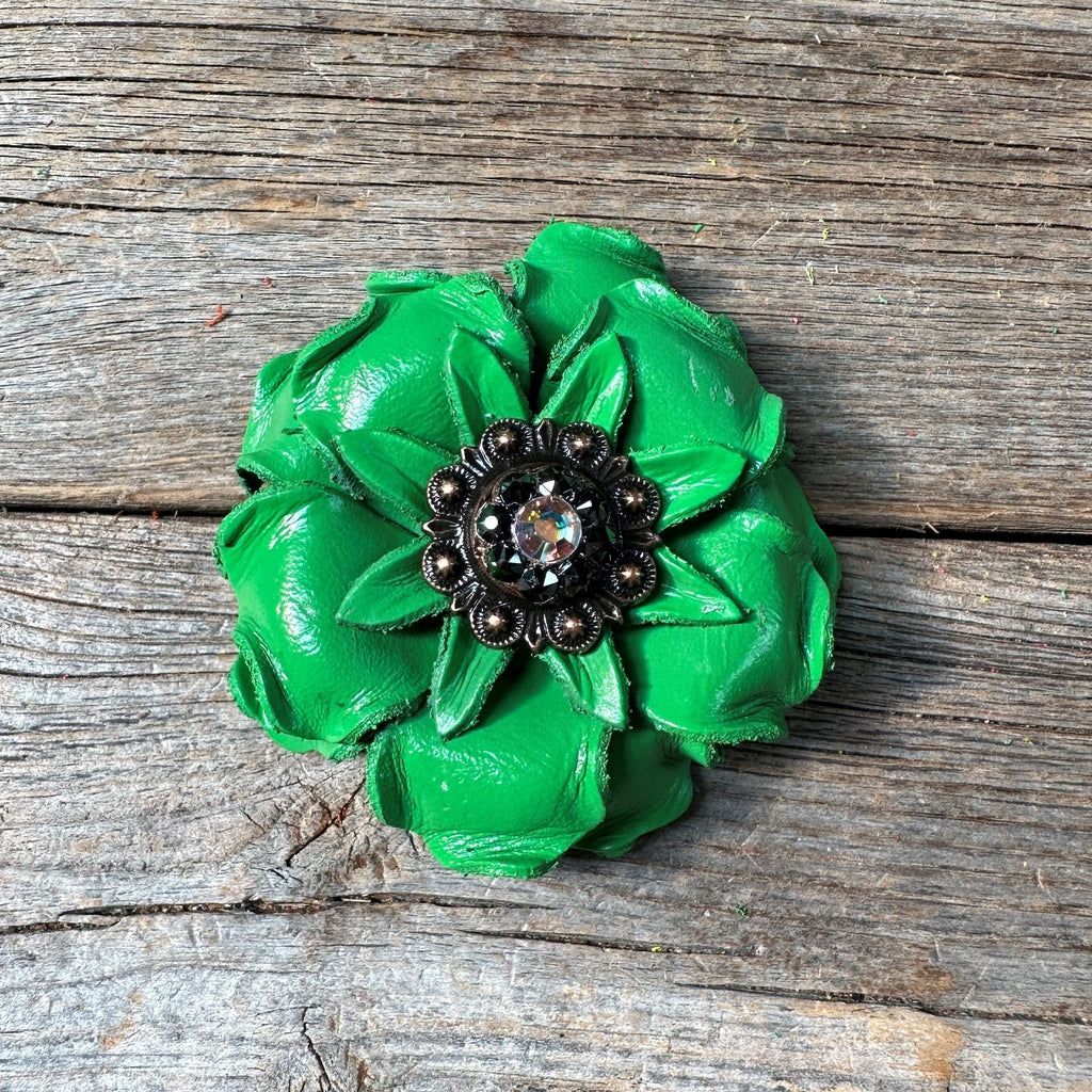 Green Gardenia Leather Flowers - 1" Crystal Conchos - Options
