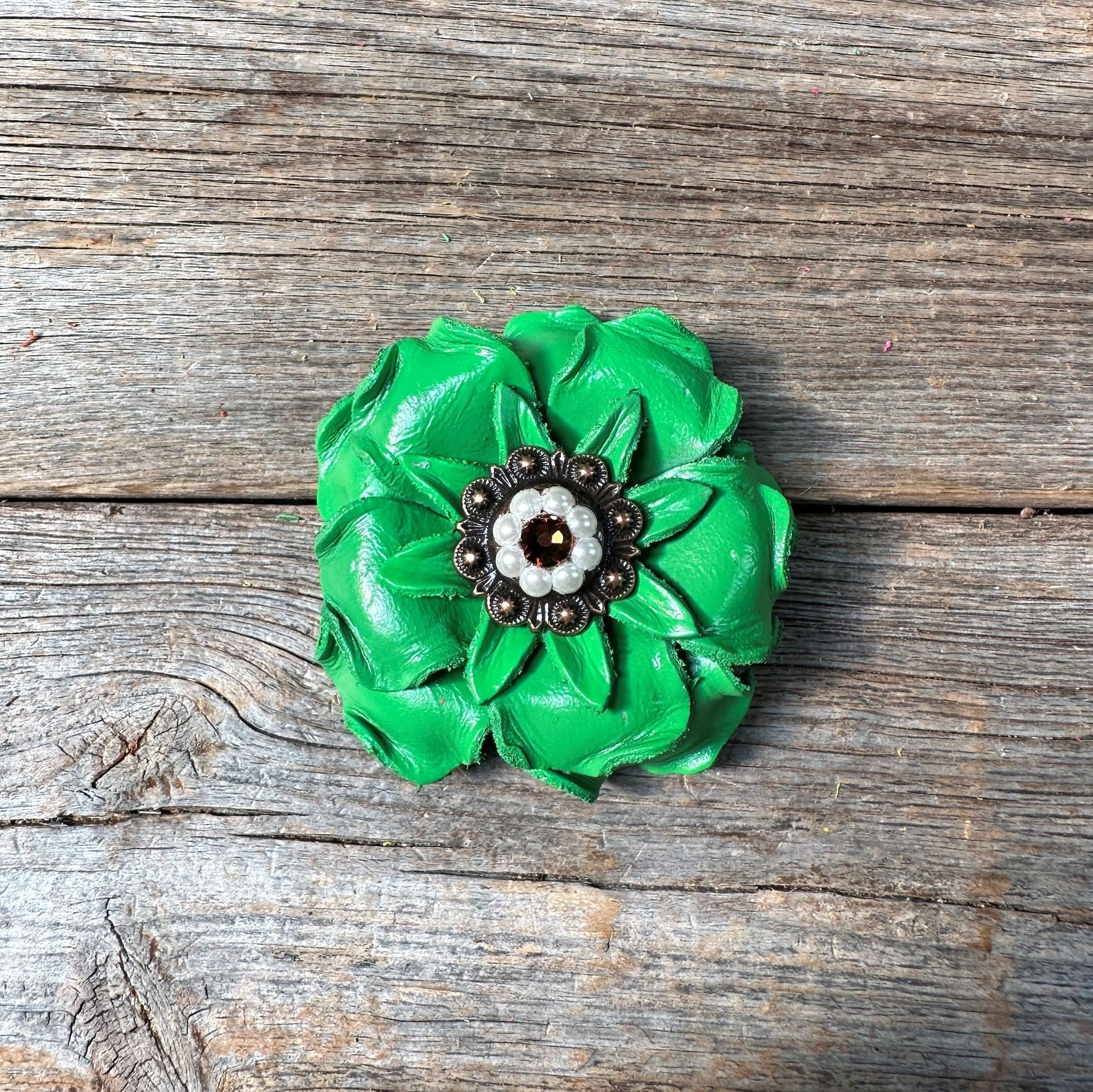 Green Gardenia Leather Flowers - 1" Crystal Conchos - Options