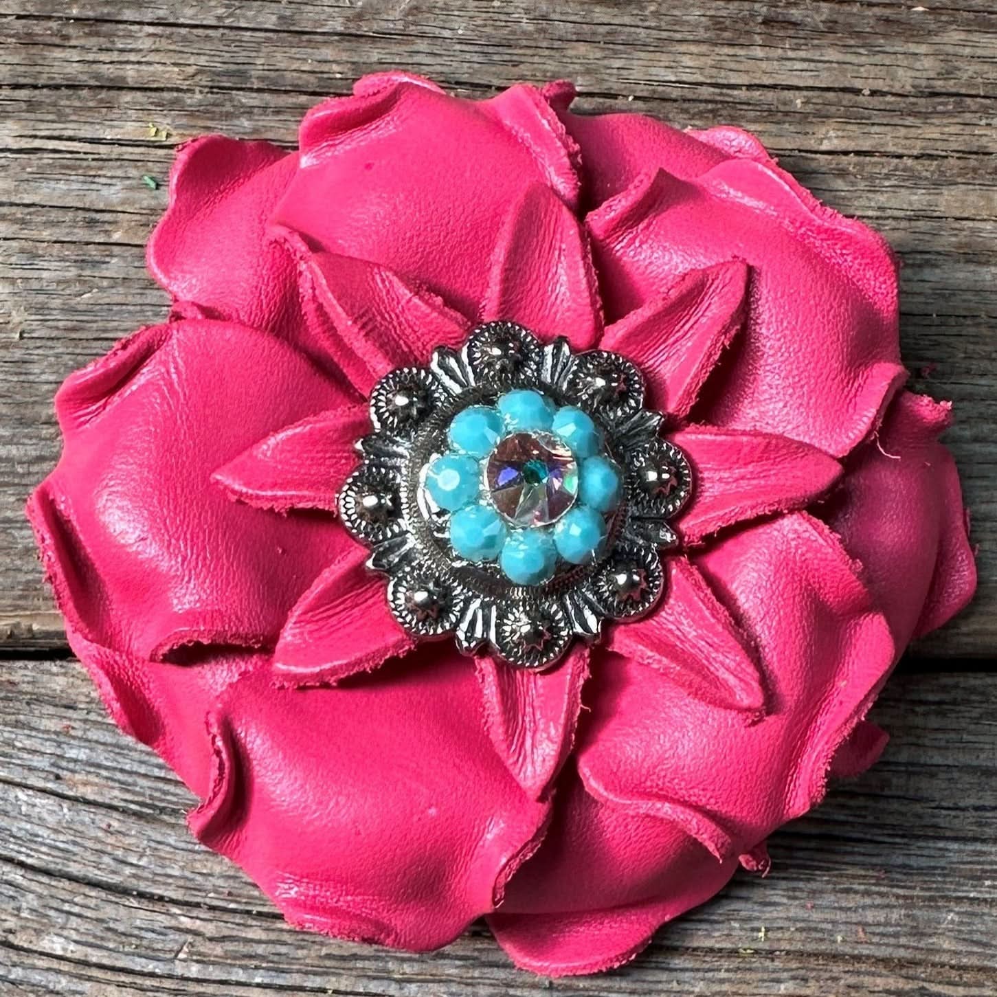 Bright Pink Gardenia Leather Flowers - 1" Crystal Conchos - Options