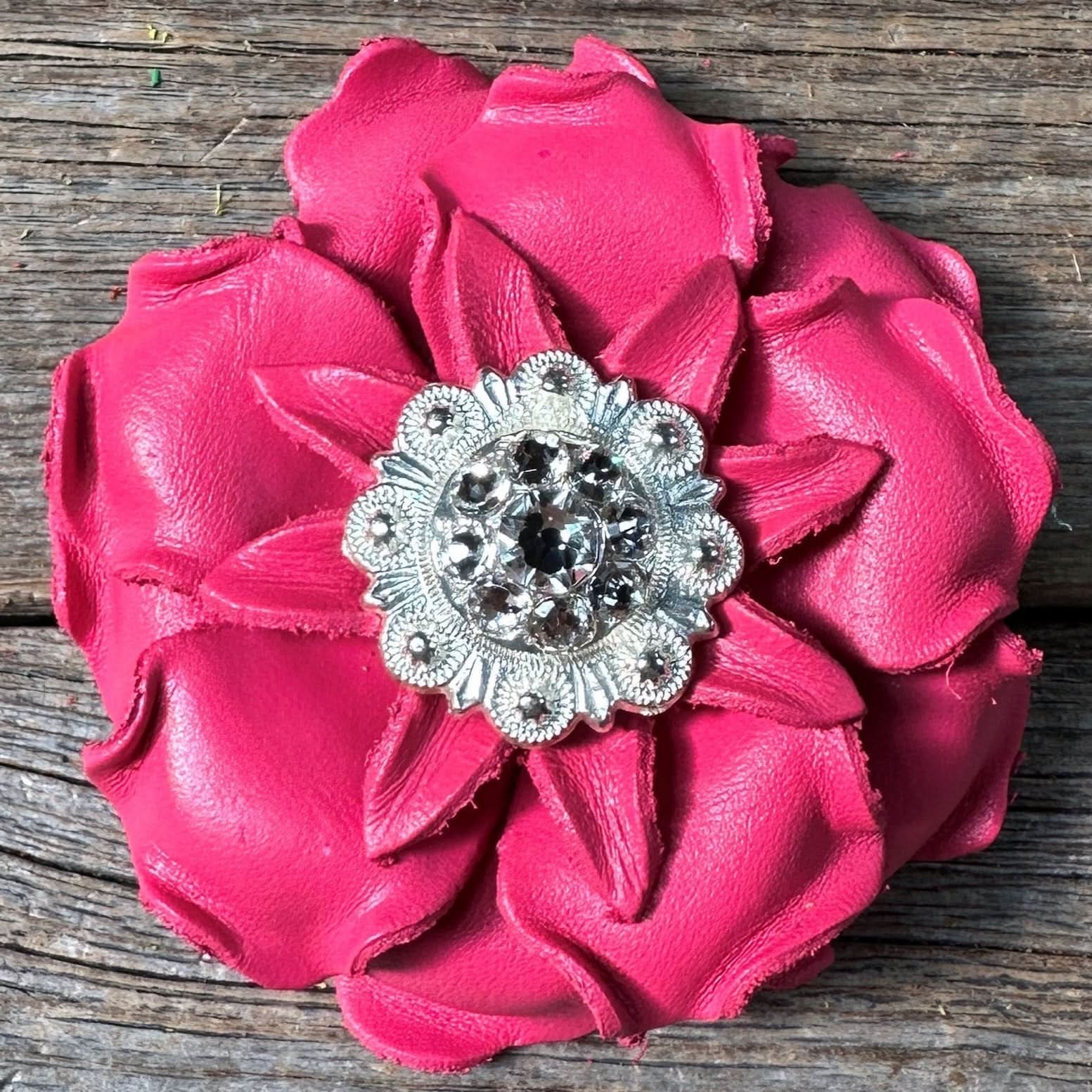 Bright Pink Gardenia Leather Flowers - 1" Crystal Conchos - Options