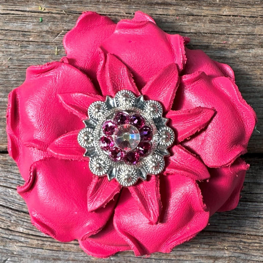 Bright Pink Gardenia Leather Flowers - 1" Crystal Conchos - Options