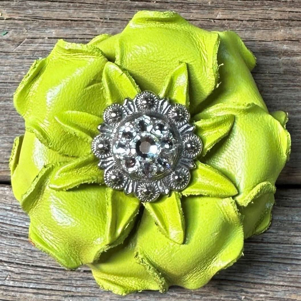 Lime Gardenia Leather Flowers - 1" Crystal Conchos - Options