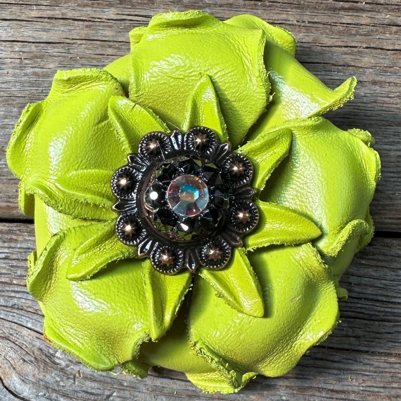 Lime Gardenia Leather Flowers - 1" Crystal Conchos - Options