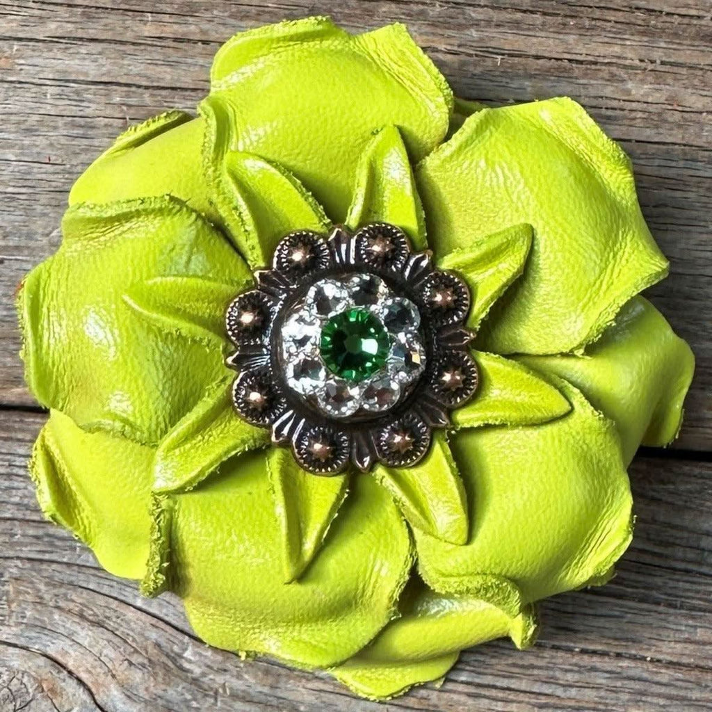 Lime Gardenia Leather Flowers - 1" Crystal Conchos - Options