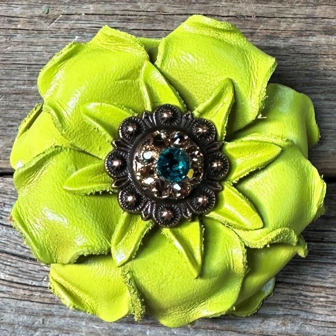 Lime Gardenia Leather Flowers - 1" Crystal Conchos - Options