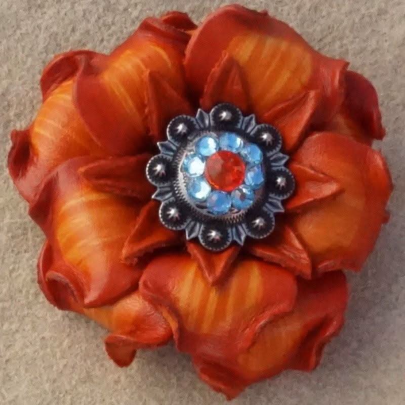 Orange Gardenia Flower With Antique Silver Fire Opal and Aqua 1" Concho